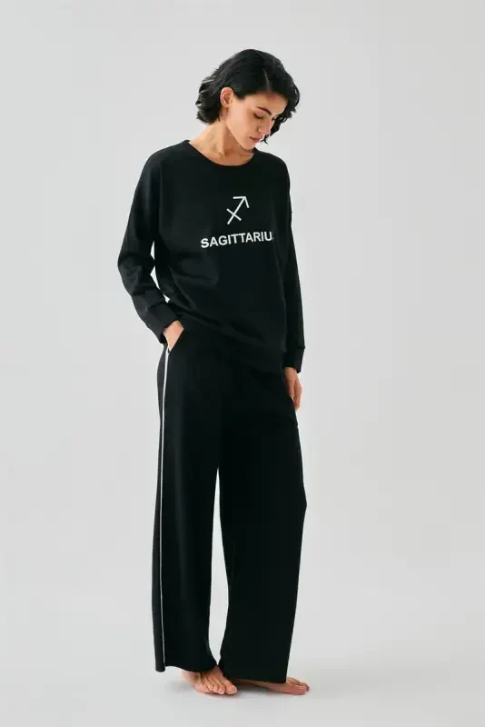 Akbeniz Women Black Sagittarius Oversize 2 Thread Tracksuit Loungewear Set - AKBENIZ
