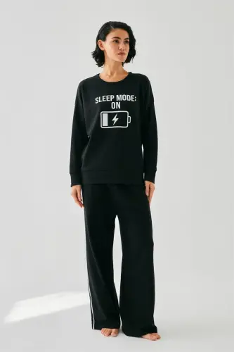Akbeniz Women Black Sleep Mode ON Oversize 2 Thread Tracksuit Loungewear Set - 1