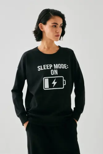 Akbeniz Women Black Sleep Mode ON Oversize 2 Thread Tracksuit Loungewear Set - 4