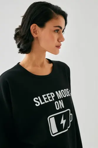 Akbeniz Women Black Sleep Mode ON Oversize 2 Thread Tracksuit Loungewear Set - 5