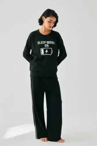 Akbeniz Women Black Sleep Mode ON Oversize 2 Thread Tracksuit Loungewear Set - 3