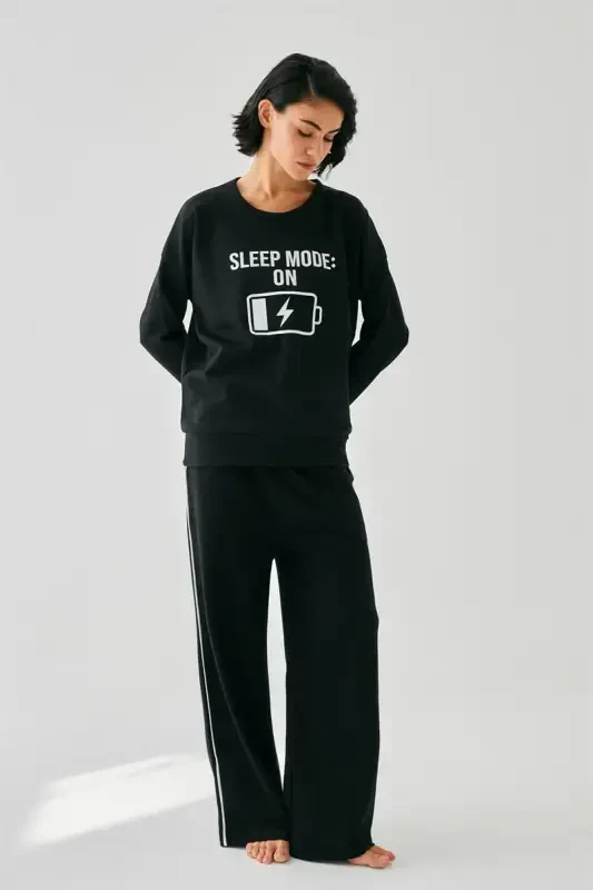 Akbeniz Women Black Sleep Mode ON Oversize 2 Thread Tracksuit Loungewear Set - 3