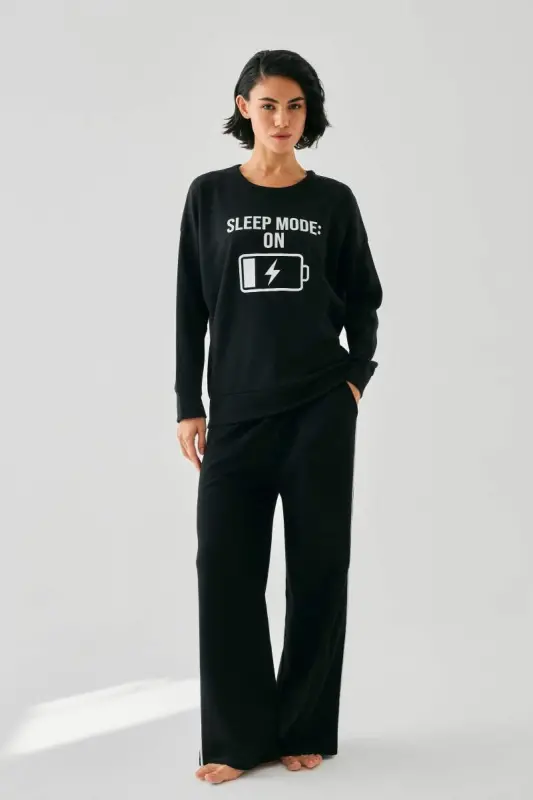 Akbeniz Women Black Sleep Mode ON Oversize 2 Threads Tracksuit Home Wear Set - 2