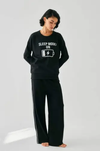Akbeniz Women Black Sleep Mode ON Oversize 2 Threads Tracksuit Home Wear Set - 3