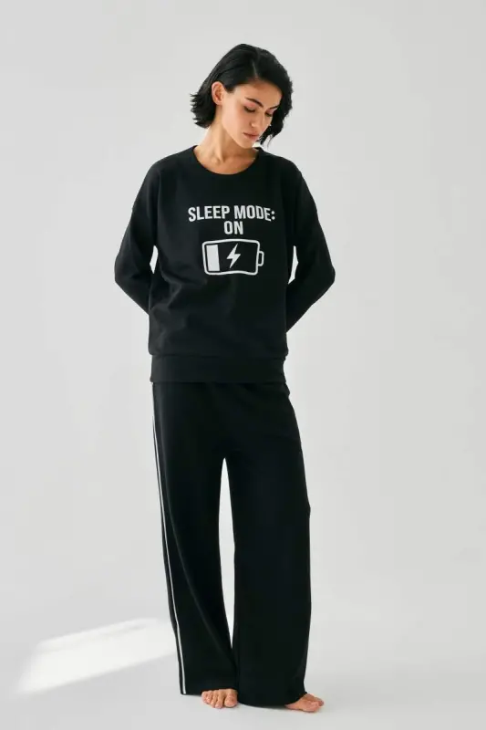 Akbeniz Women Black Sleep Mode ON Oversize 2 Threads Tracksuit Home Wear Set - 3
