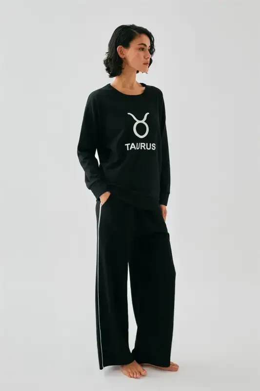 Akbeniz Women Black Taurus Oversize 2 Thread Tracksuit Home Wear Set - 5
