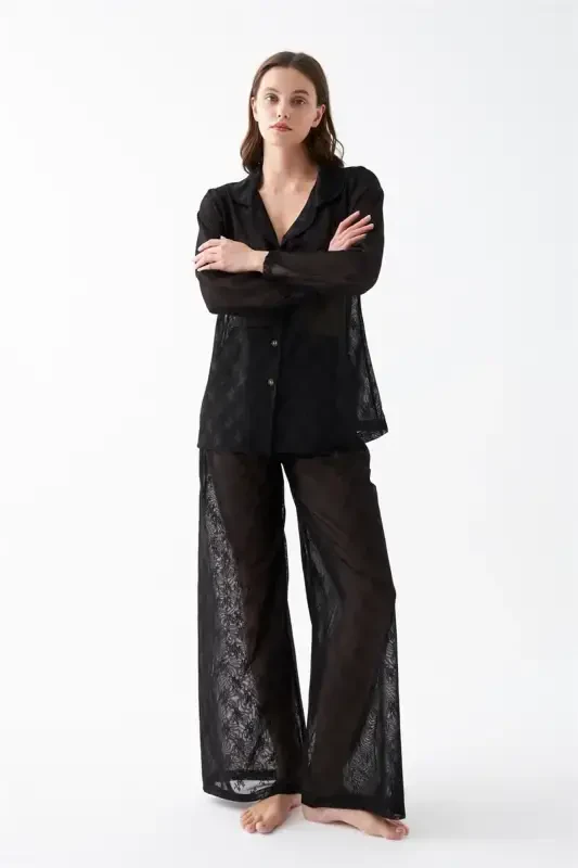 Akbeniz Women Black Transparent Jacquard Buttoned Pajamas Set - 1