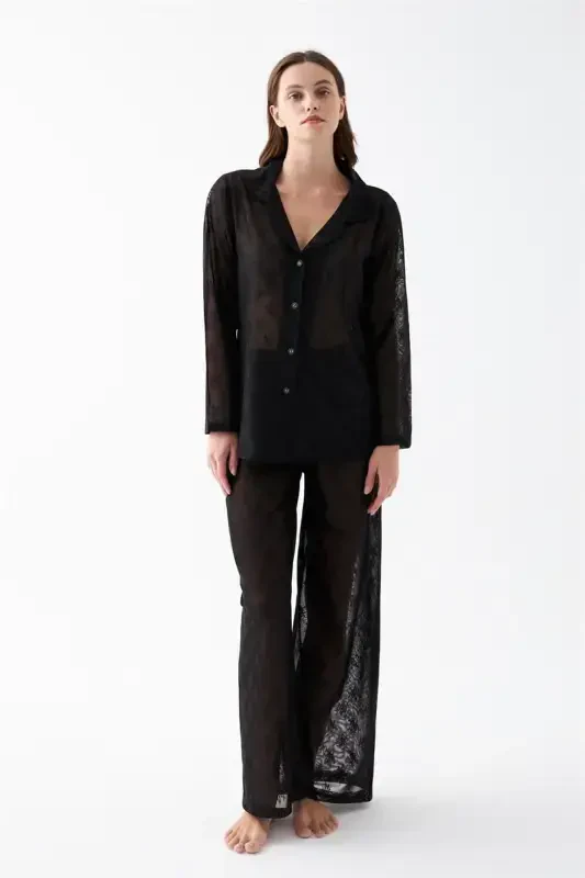 Akbeniz Women Black Transparent Jacquard Buttoned Pajamas Set - 2