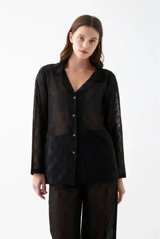 Akbeniz Women Black Transparent Jacquard Buttoned Pajamas Set - 5