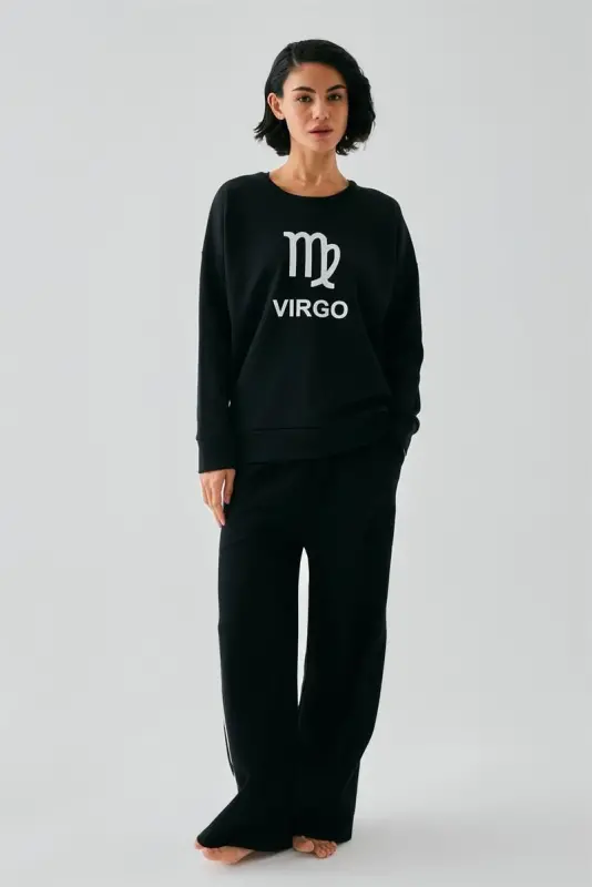 Akbeniz Women Black Virgo Oversize 2 Thread Tracksuit Home Wear Set - 3