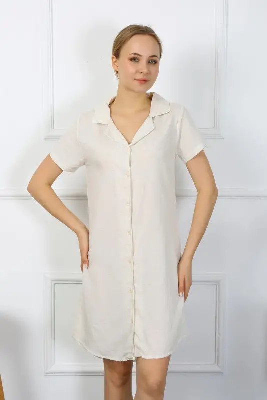Akbeniz Women Cotton Linen Short Sleeve Buttoned Cream Tunic Nightgown 13108 - 2
