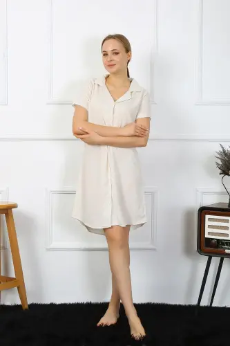 Akbeniz Women Cotton Linen Short Sleeve Buttoned Cream Tunic Nightgown 13108 - 3