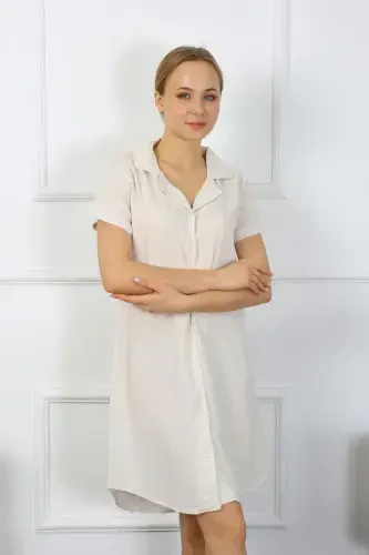 Akbeniz Women Cotton Linen Short Sleeve Buttoned Cream Tunic Nightgown 13108 