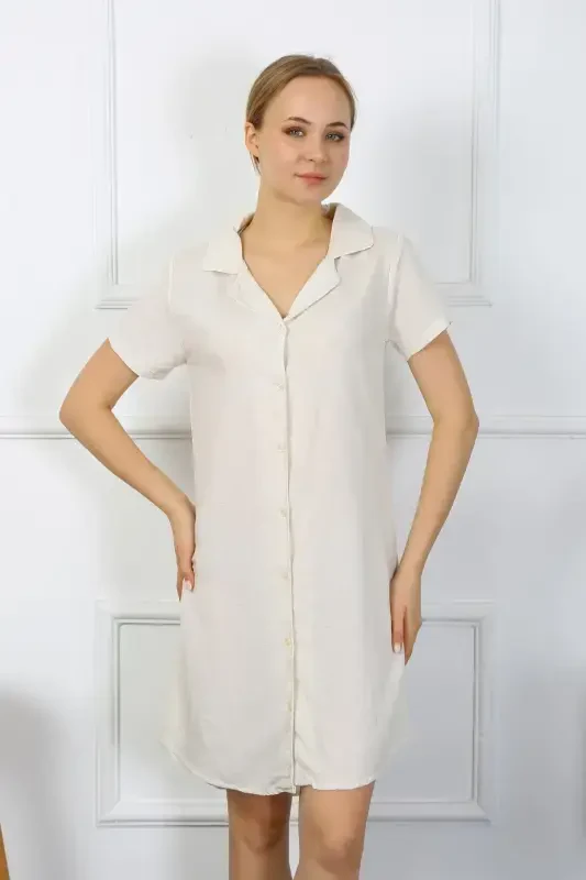 Akbeniz Women Cotton Linen Short Sleeve Buttoned Cream Tunic Nightgown 13108 - 2