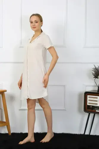Akbeniz Women Cotton Linen Short Sleeve Buttoned Cream Tunic Nightgown 13108 - 4