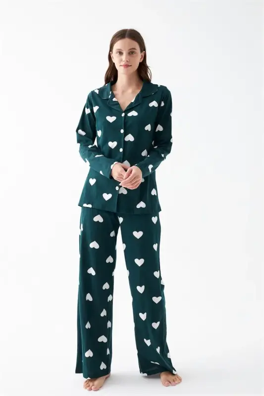 Akbeniz Women Emerald Green Heart Patterned Buttoned Cotton Pajama Set - 2
