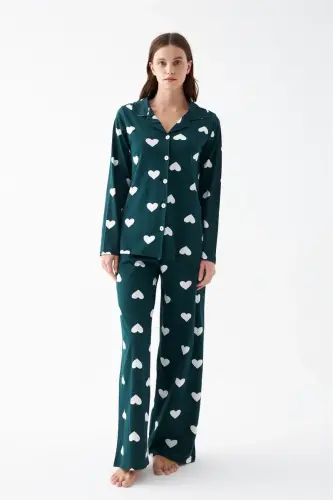 Akbeniz Women Emerald Green Heart Patterned Buttoned Cotton Pajama Set - 3