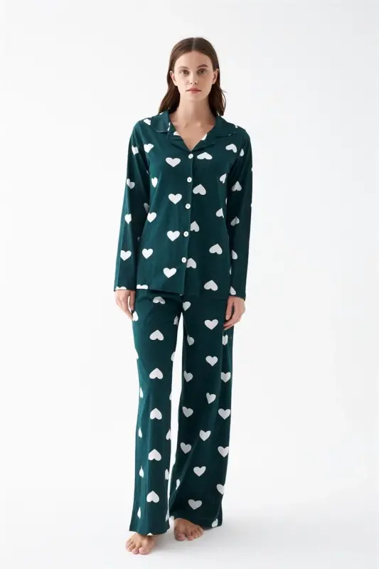 Akbeniz Women Emerald Green Heart Patterned Buttoned Cotton Pajama Set - 3