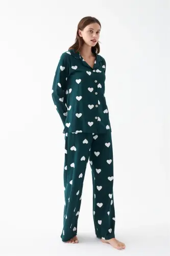 Akbeniz Women Emerald Green Heart Patterned Buttoned Cotton Pajama Set - 4