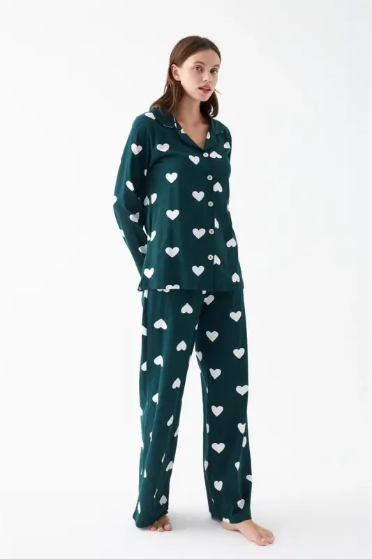Akbeniz Women Emerald Green Heart Patterned Buttoned Cotton Pajama Set - 4