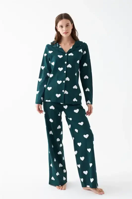 Akbeniz Women Emerald Green Heart Patterned Buttoned Cotton Pajama Set - 5