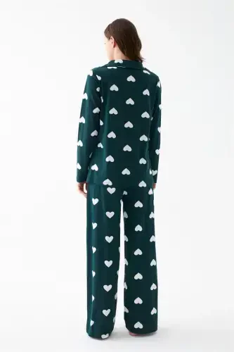 Akbeniz Women Emerald Green Heart Patterned Buttoned Cotton Pajama Set - 6