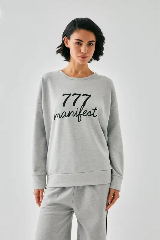 Akbeniz Women Gray 777 Manifest Oversize 2 Thread Tracksuit Home Wear Set - AKBENIZ