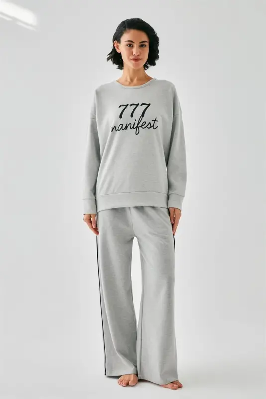 Akbeniz Women Gray 777 Manifest Oversize 2 Thread Tracksuit Home Wear Set - 2