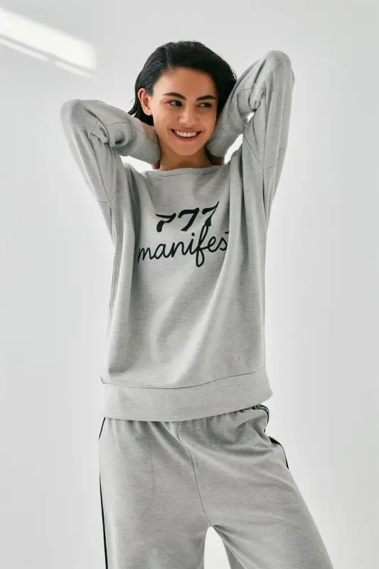 Akbeniz Women Gray 777 Manifest Oversize 2 Thread Tracksuit Home Wear Set - 4