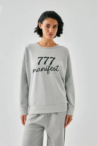Akbeniz Women Gray 777 Manifest Oversize 2 Thread Tracksuit Home Wear Set 