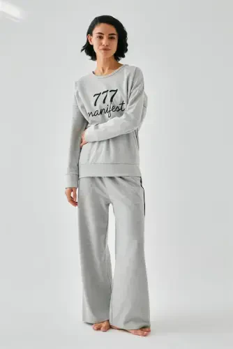 Akbeniz Women Gray 777 Manifest Oversize 2 Thread Tracksuit Home Wear Set - 5