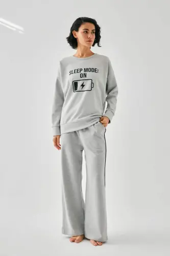 Akbeniz Women Gray Sleep Mode ON Oversize 2 Thread Tracksuit Home Wear Set - BÜYÜKBEDENIZ (1)