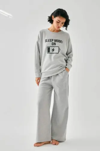 Akbeniz Women Gray Sleep Mode ON Oversize 2 Thread Tracksuit Home Wear Set - 3