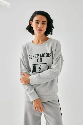 Akbeniz Women Gray Sleep Mode ON Oversize 2 Thread Tracksuit Home Wear Set - 4
