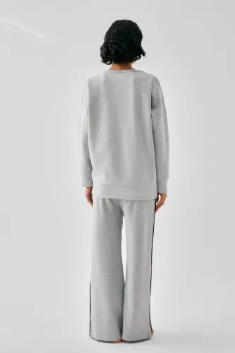 Akbeniz Women Gray Sleep Mode ON Oversize 2 Thread Tracksuit Home Wear Set - 6