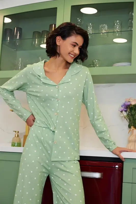Akbeniz Women Green Heart Patterned Buttoned Cotton Pajama Set - AKBENIZ