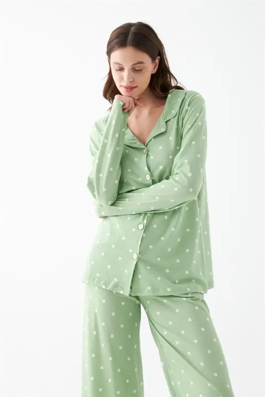 Akbeniz Women Green Heart Patterned Buttoned Cotton Pajama Set - 2