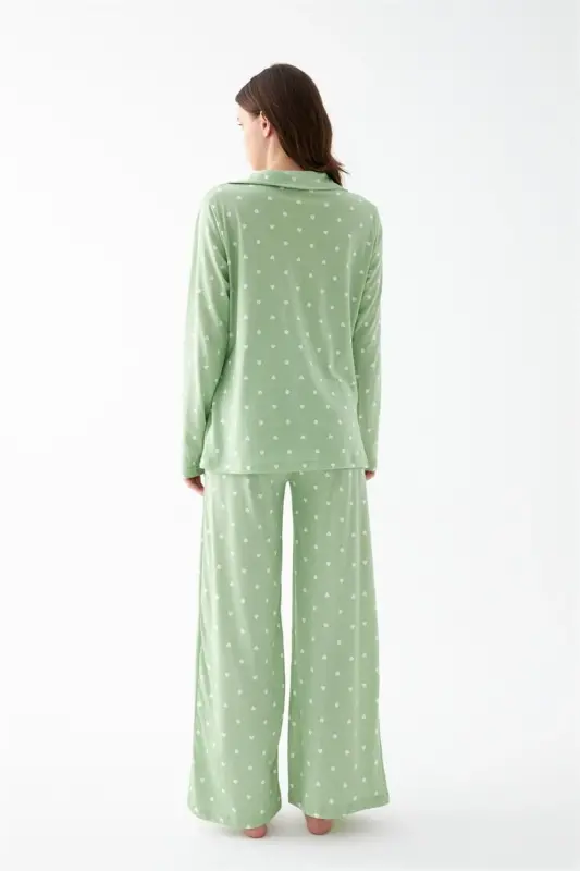Akbeniz Women Green Heart Patterned Buttoned Cotton Pajama Set - 5