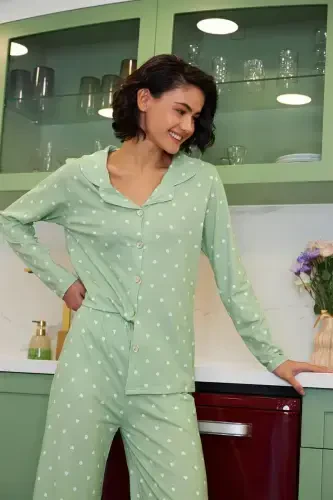 Akbeniz Women Green Heart Patterned Buttoned Cotton Pajama Set 