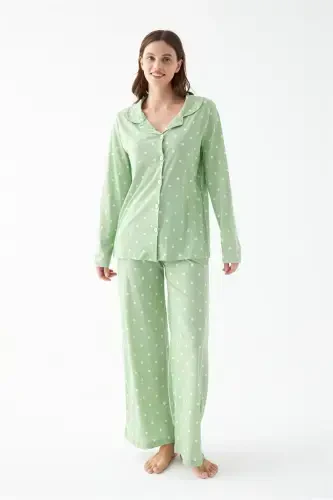 Akbeniz Women Green Heart Patterned Buttoned Cotton Pajama Set - 3