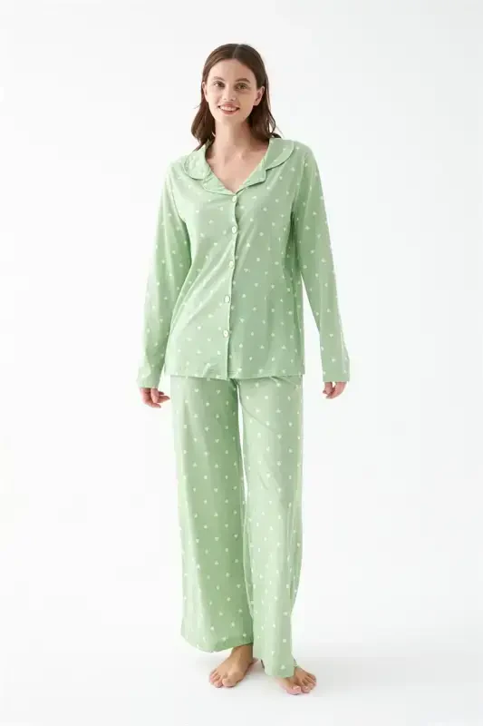 Akbeniz Women Green Heart Patterned Buttoned Cotton Pajama Set - 3
