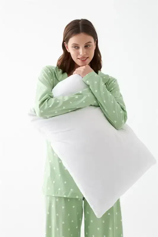 Akbeniz Women Green Heart Patterned Buttoned Cotton Pajama Set - 4