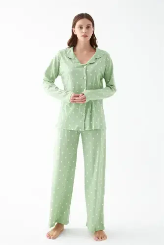 Akbeniz Women Green Heart Patterned Buttoned Cotton Pajama Set - 6