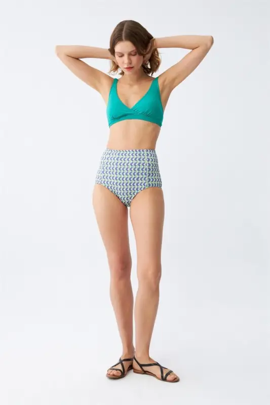 Akbeniz Women Green Padded Geometric Patterned High Waist Bikini Set - 2