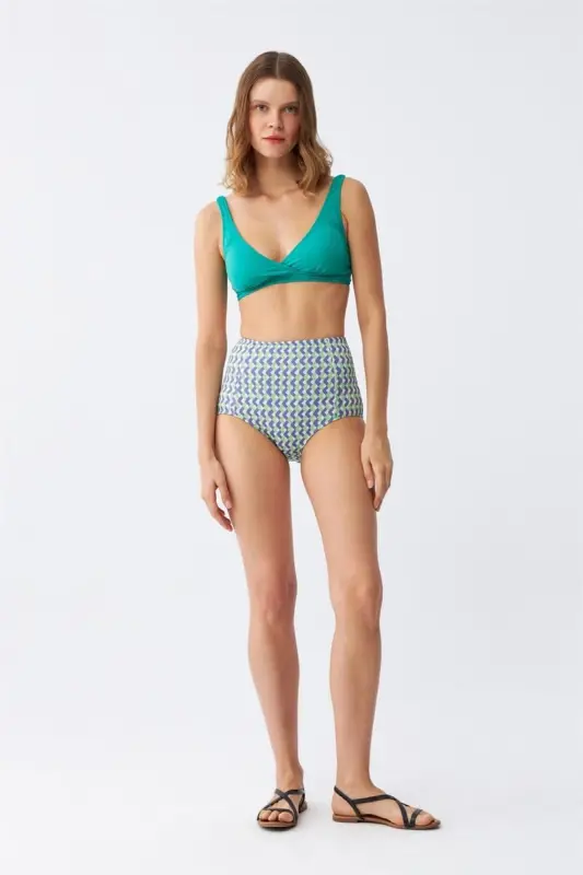 Akbeniz Women Green Padded Geometric Patterned High Waist Bikini Set - 3