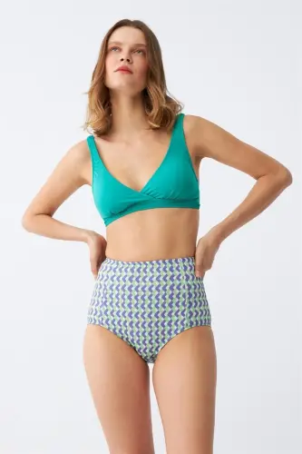 Akbeniz Women Green Padded Geometric Patterned High Waist Bikini Set - 4