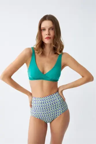 Akbeniz Women Green Padded Geometric Patterned High Waist Bikini Set - 5