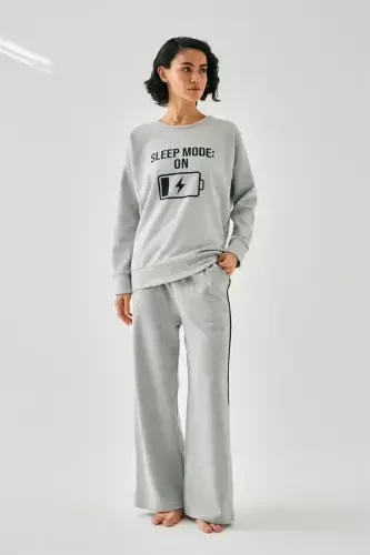Akbeniz Women Grey Sleep Mode ON Oversize 2 Thread Tracksuit Home Wear Set - 2