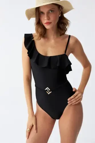 Akbeniz Women One Shoulder Ruffled Swimsuit Black 34025 - 2