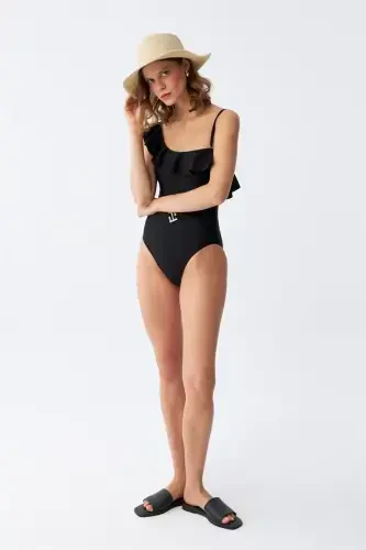 Akbeniz Women One Shoulder Ruffled Swimsuit Black 34025 - 8
